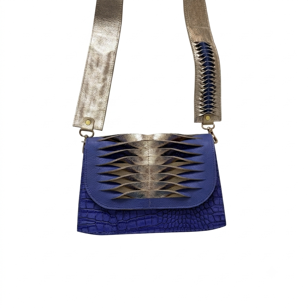 Bolso manos libres morado con dorado en cuero