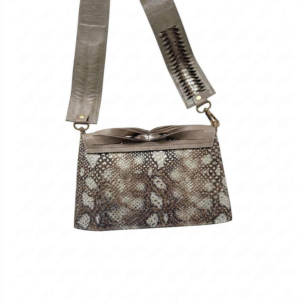 Bolso manos libres taupe con dorado en cuero - Imagen 2