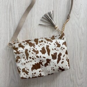 Bolso manos libres animal print con taupe y cafe en cuero peludo