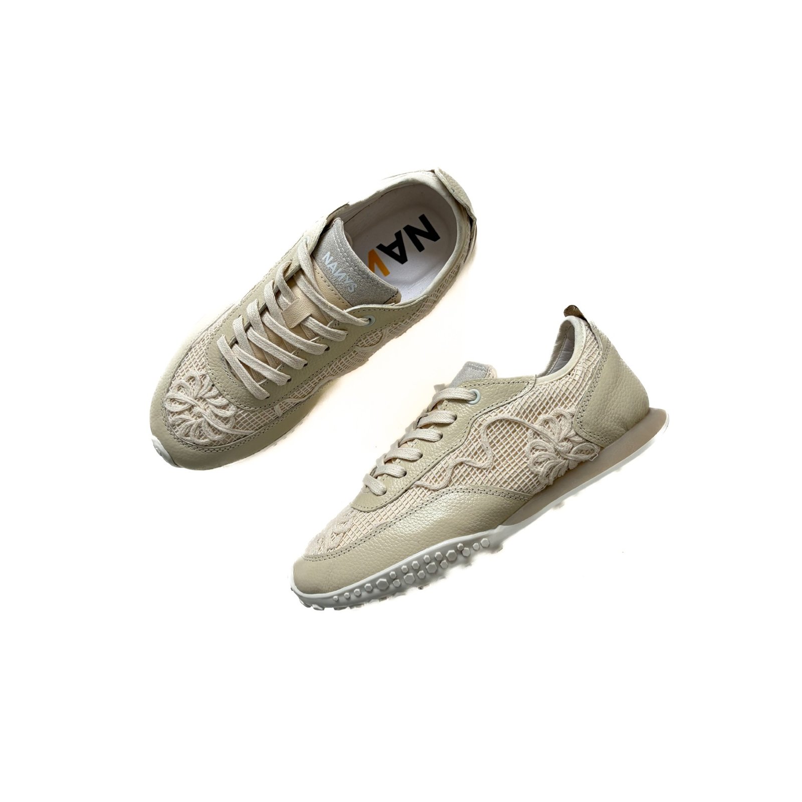 Tenis mantequilla en cuero con tejido - Imagen 2