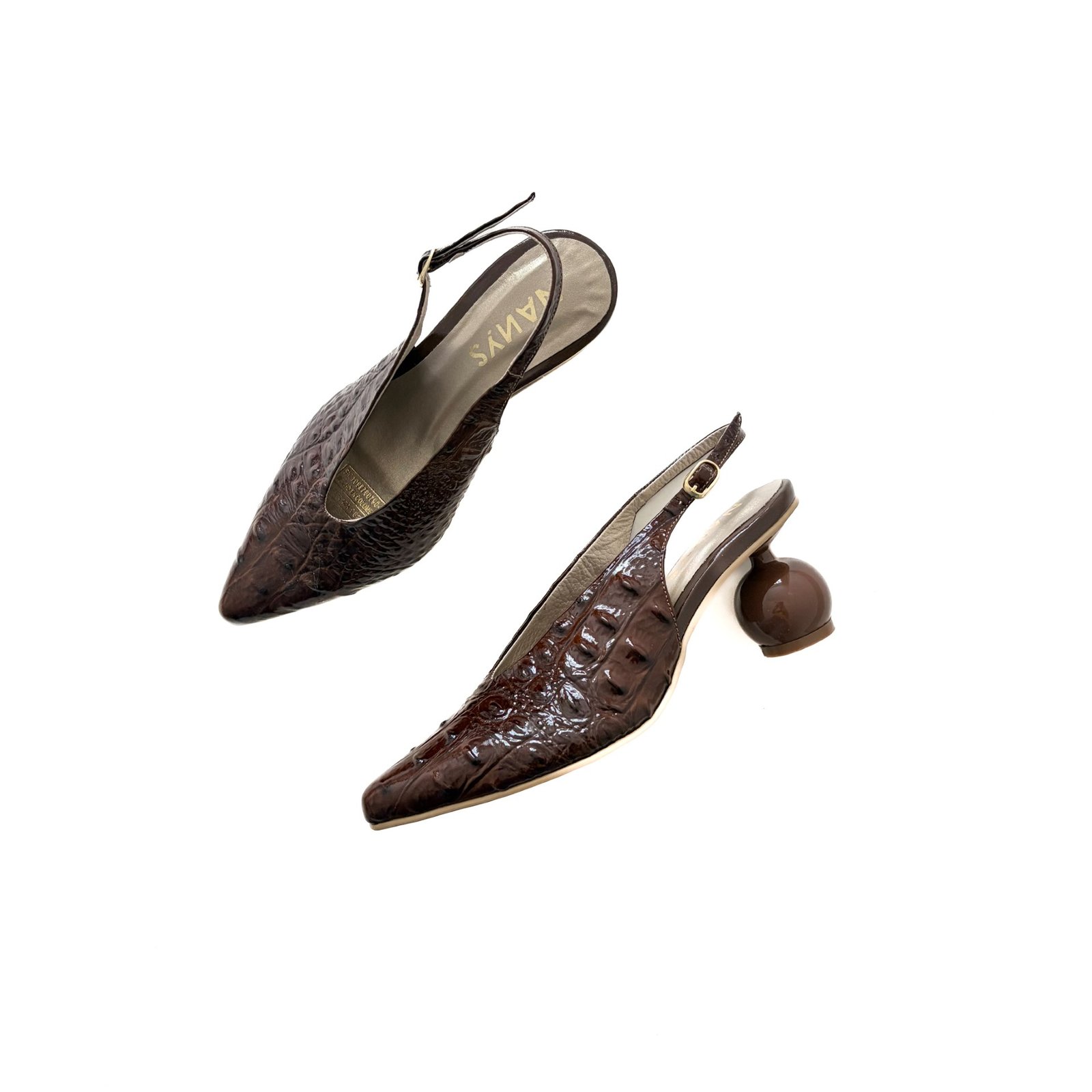 Zapato cafe en cuero con tacón en bola - Imagen 2